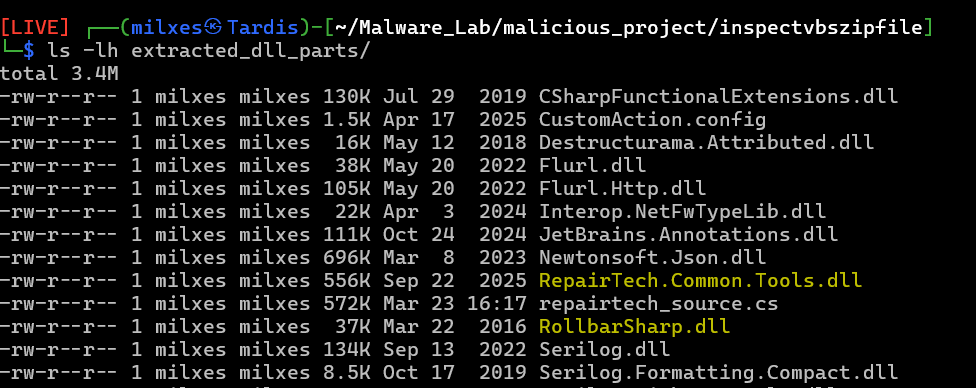 Extracted .NET DLL files from the MSI cabinet archive showing the installer's custom action framework.