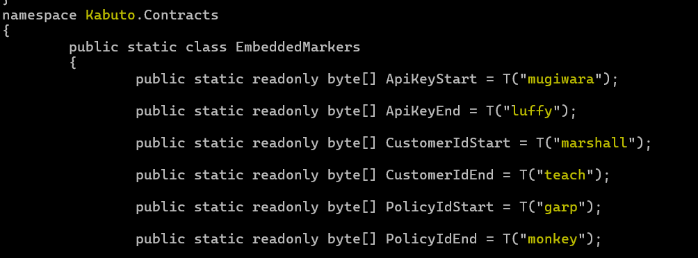 Additional decompiled code showing One Piece character names including luffy, mugiwara, marshall, and garp used as custom parsing delimiters.
