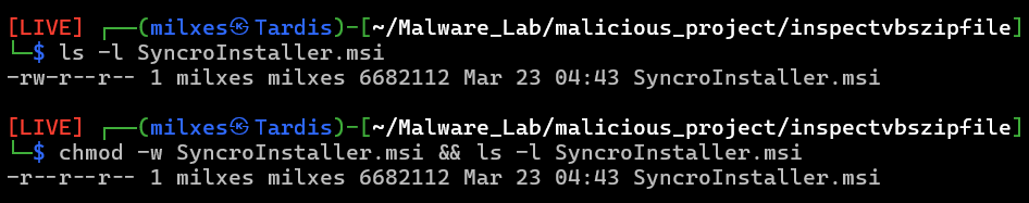Setting the MSI file immutable with chattr before static analysis.
